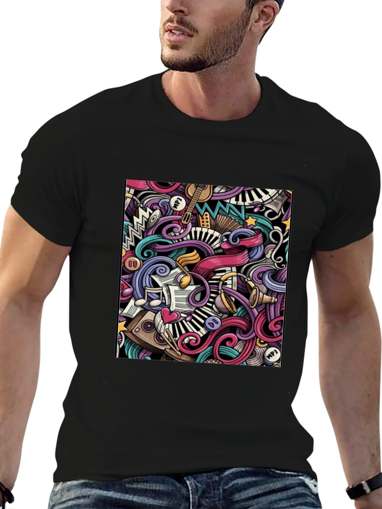 Music Doodle Graphic Black T-Shirt
