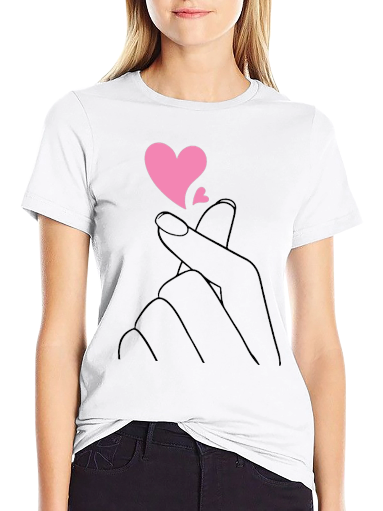 Black T-Shirt with Heart Fingers Graphic
