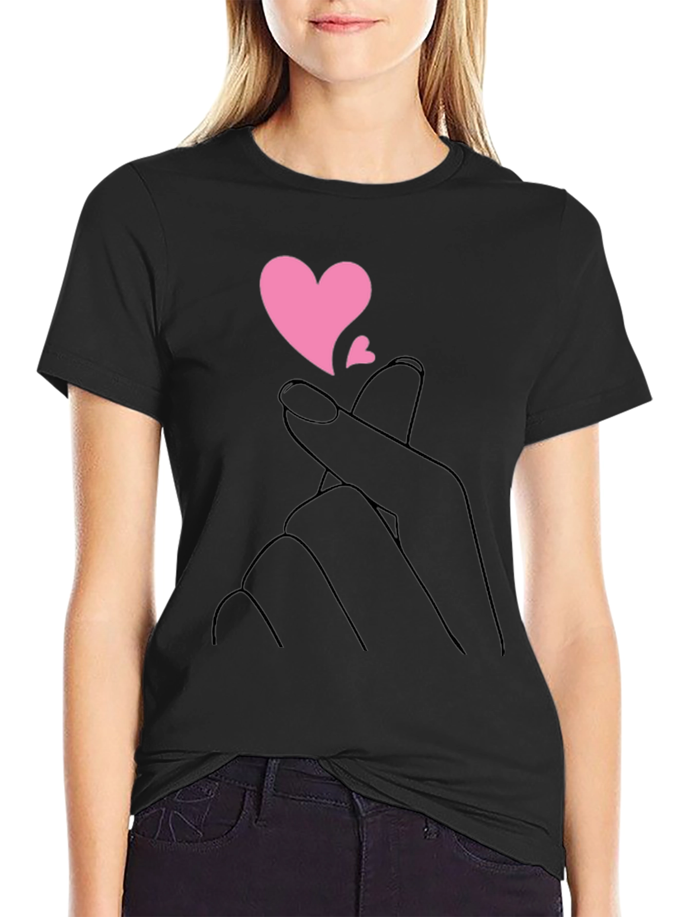 Black T-Shirt with Heart Fingers Graphic