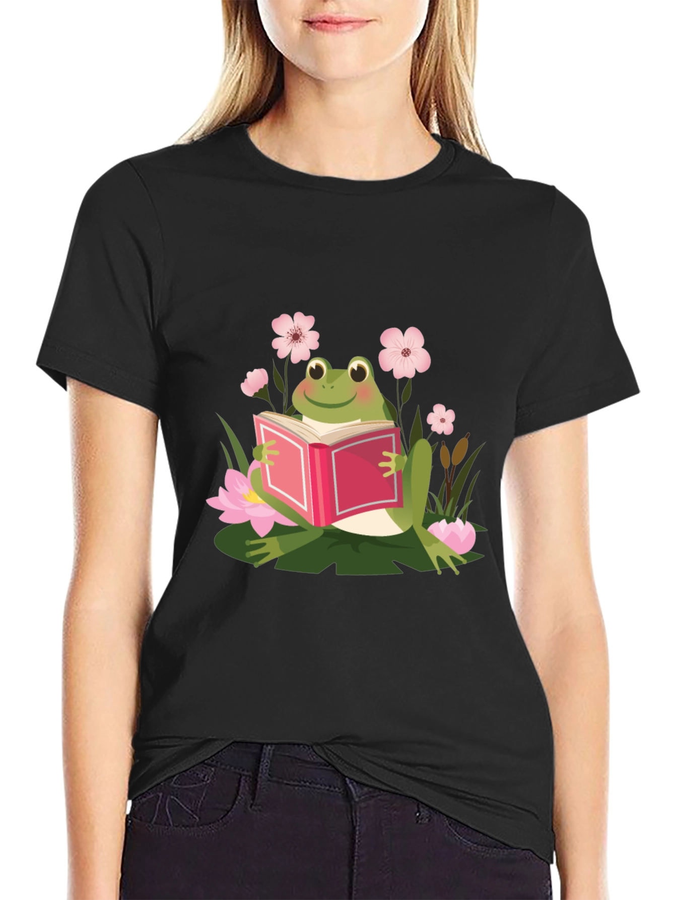 Frog Reading Book Black T-Shirt