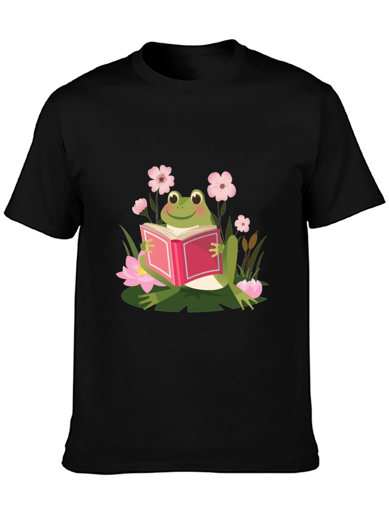 Frog Reading Book Black T-Shirt