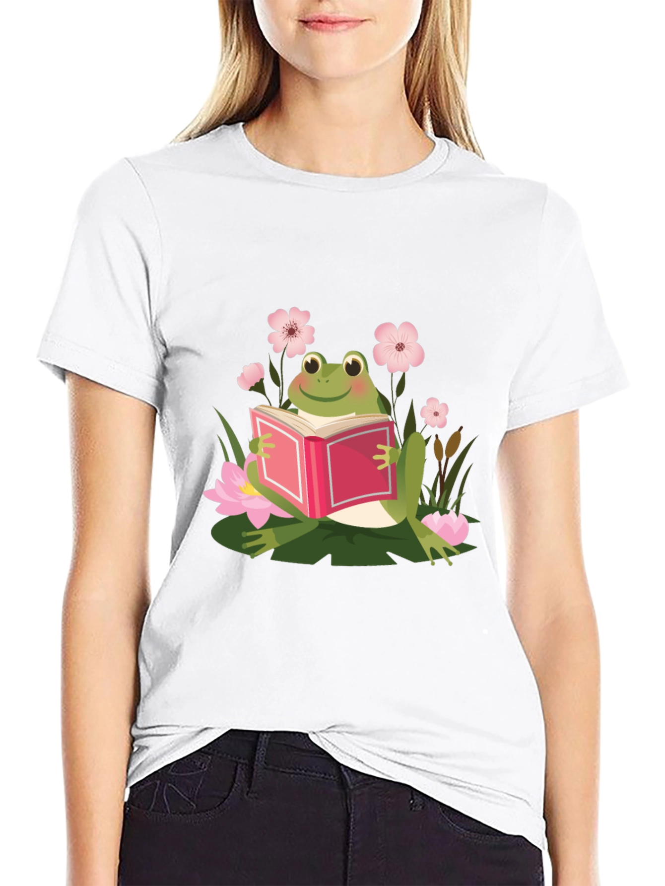 Frog Reading Book Black T-Shirt