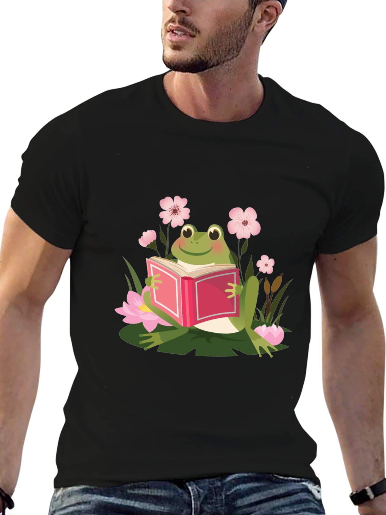 Frog Reading Book Black T-Shirt