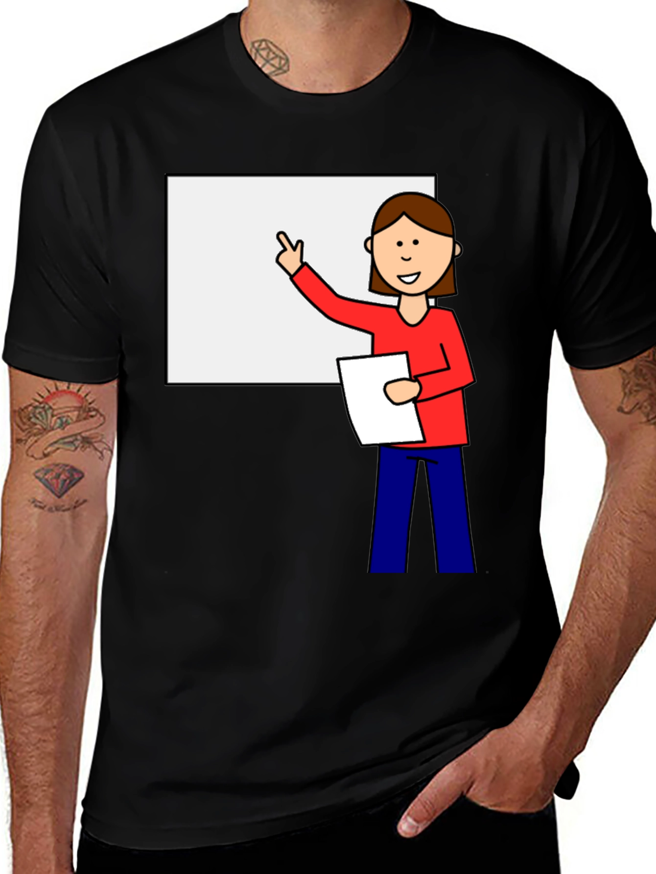 Cartoon Teacher Graphic Tee - Unisex Black T-Shirt