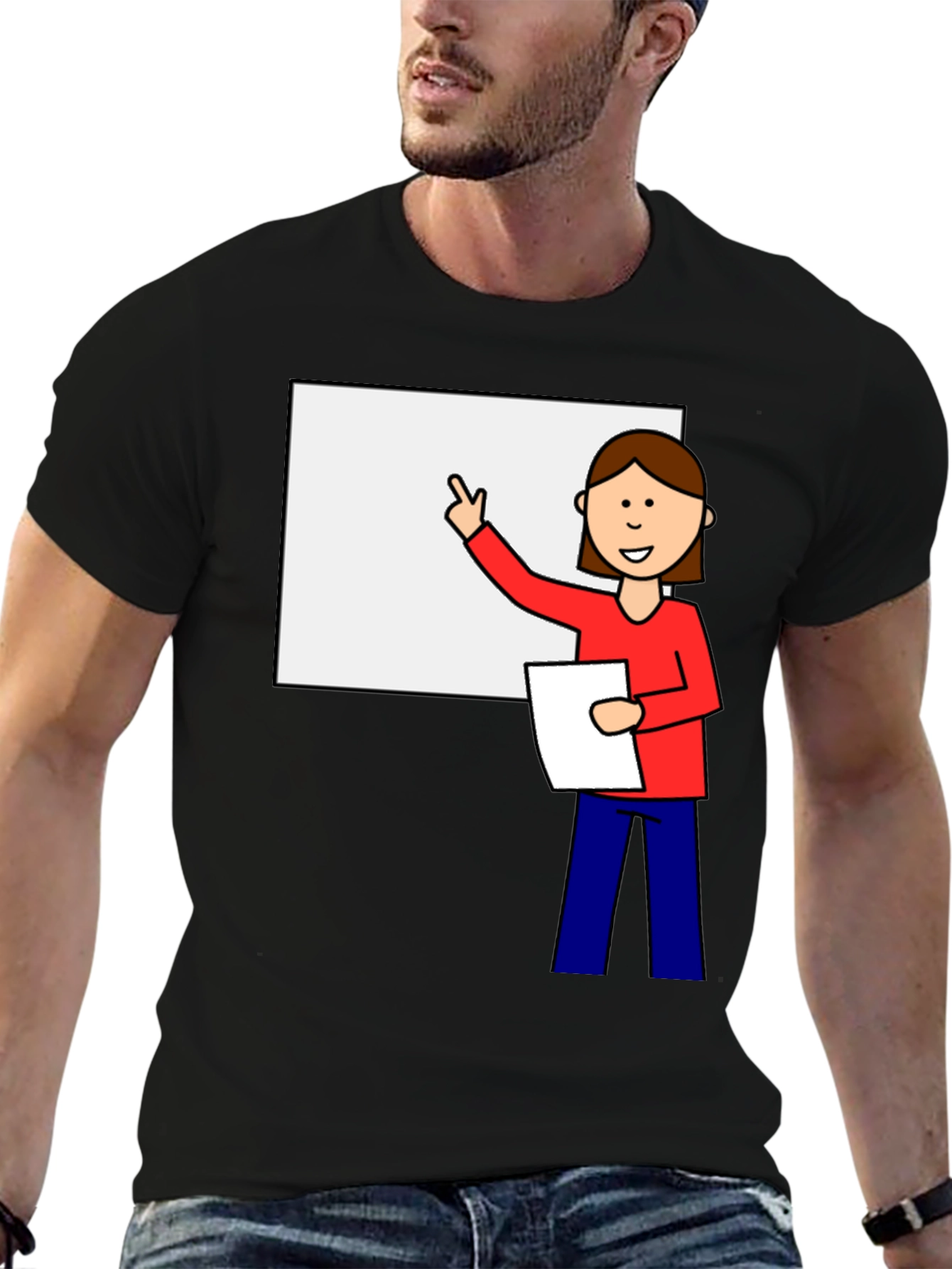 Cartoon Teacher Graphic Tee - Unisex Black T-Shirt
