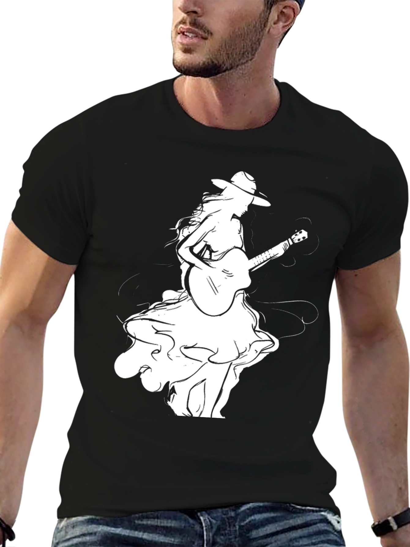 Guitar Girl Graphic Tee - Stylish Black T-Shirt