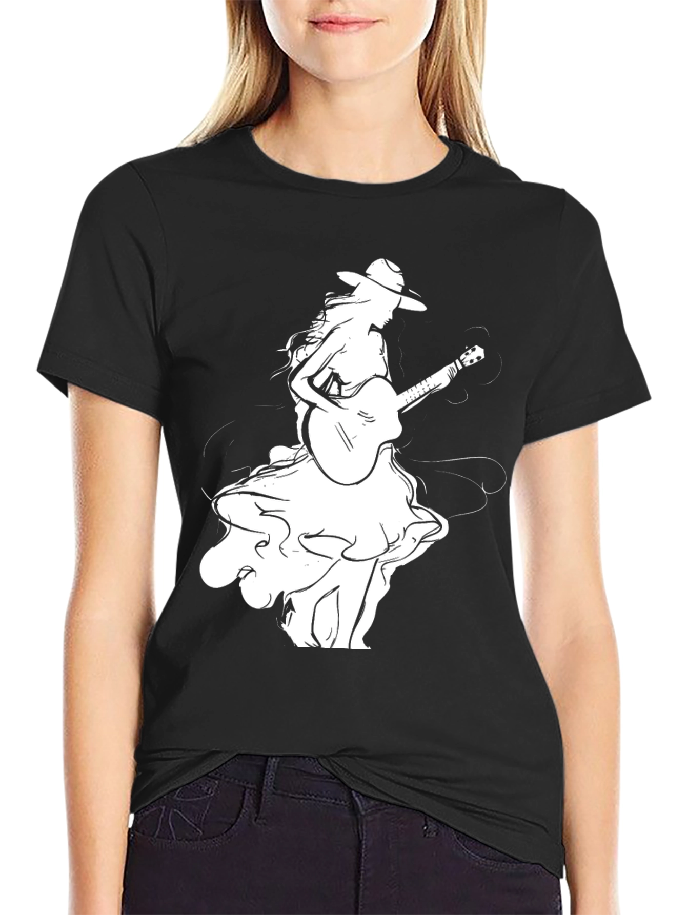 Guitar Girl Graphic Tee - Stylish Black T-Shirt