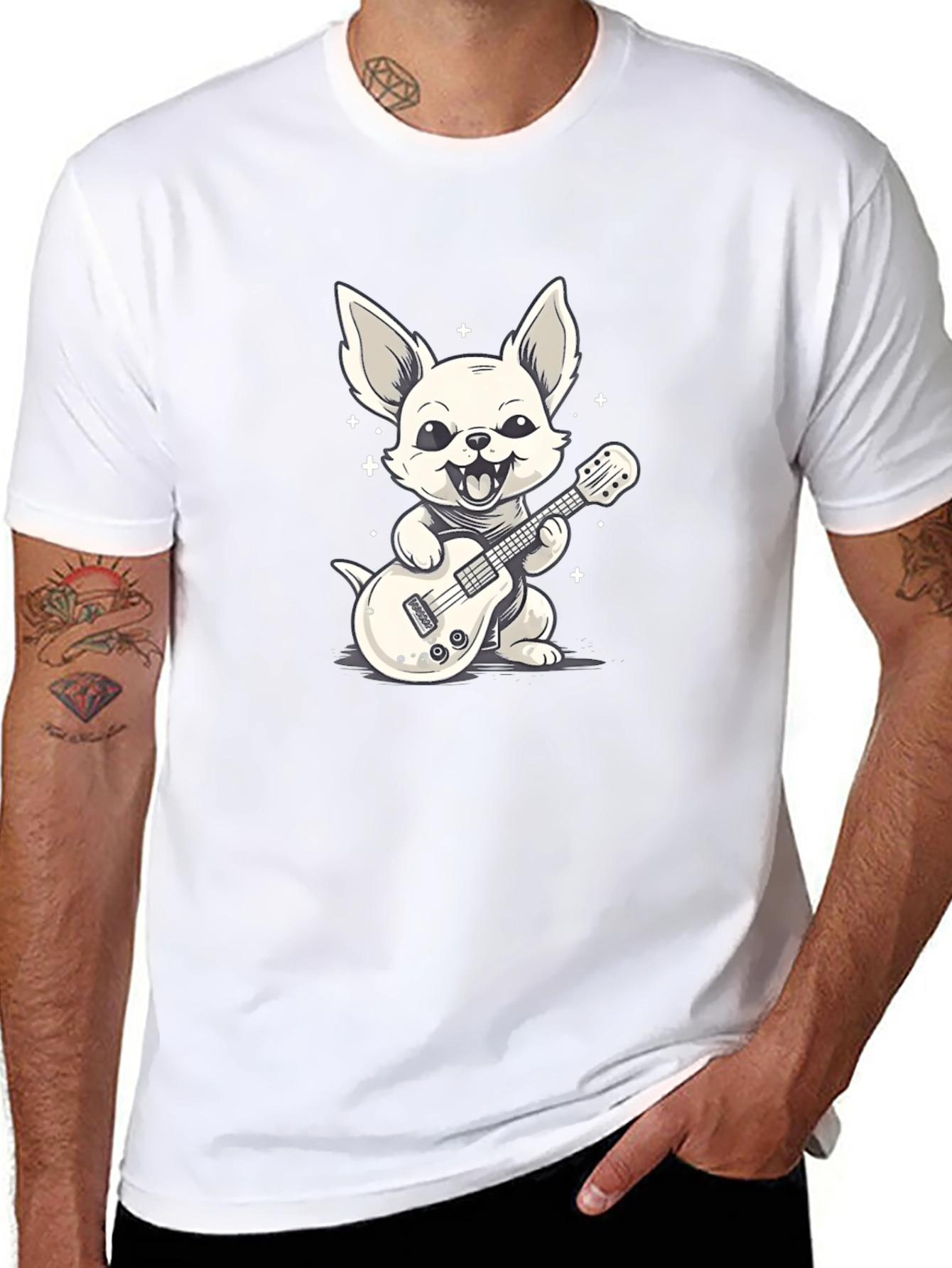 Dog Guitarist Graphic Tee - Black Cotton T-Shirt