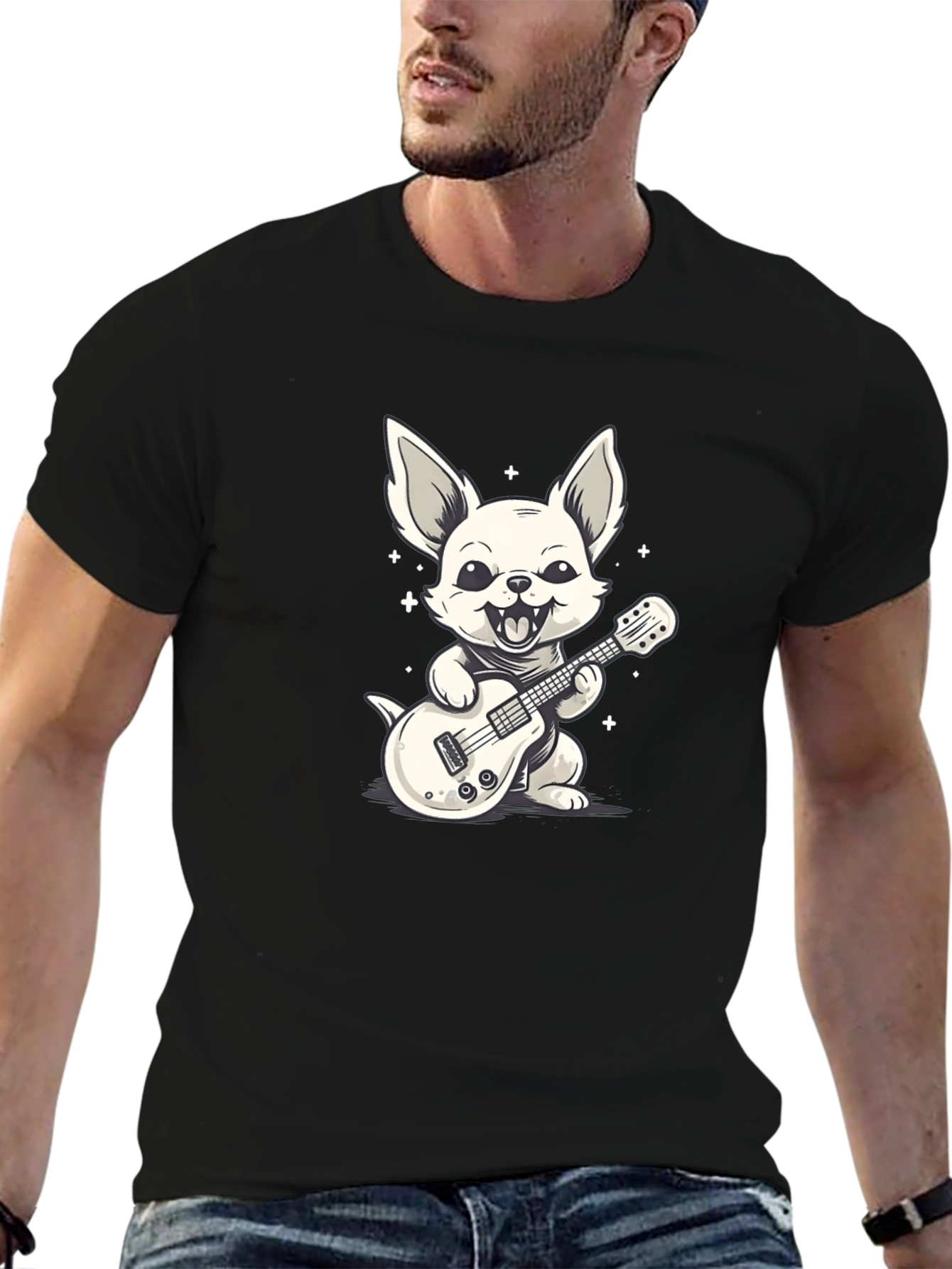 Dog Guitarist Graphic Tee - Black Cotton T-Shirt