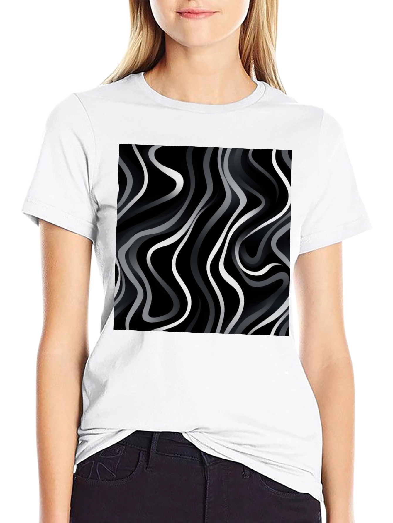 Abstract Wave Print Black T-Shirt