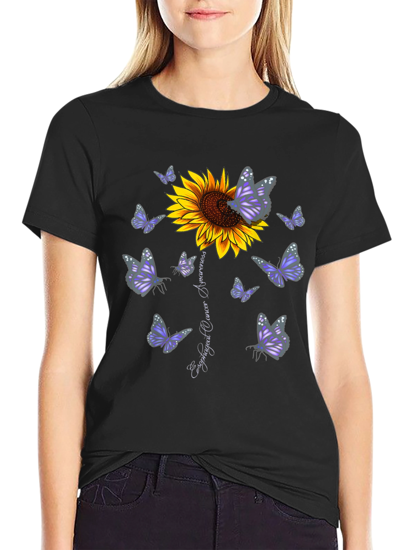 Sunflower & Butterfly Esophageal Cancer Awareness T-Shirt