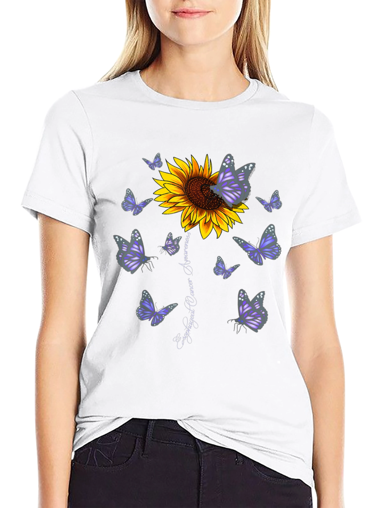 Sunflower & Butterfly Esophageal Cancer Awareness T-Shirt