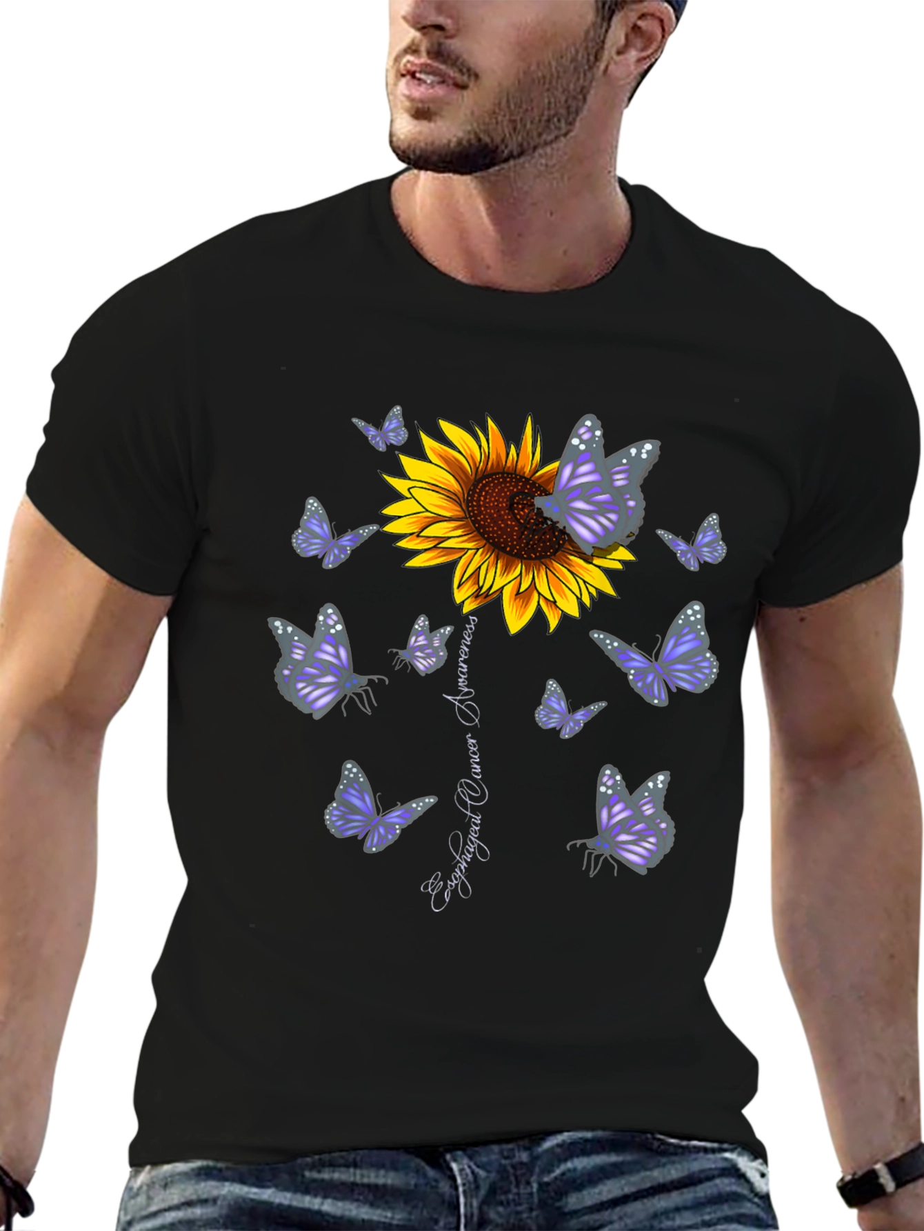 Sunflower & Butterfly Esophageal Cancer Awareness T-Shirt