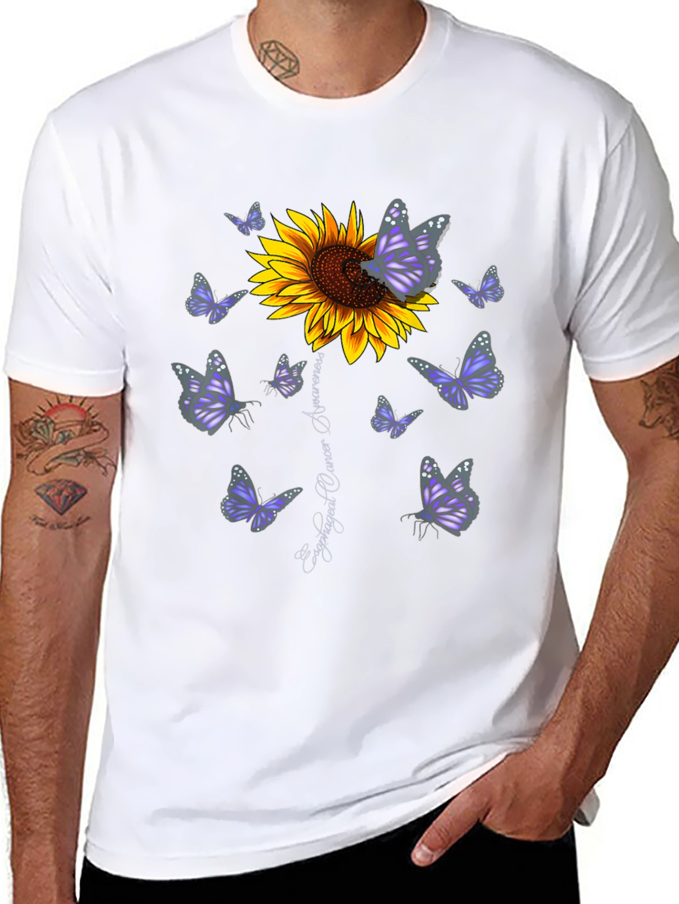 Sunflower & Butterfly Esophageal Cancer Awareness T-Shirt