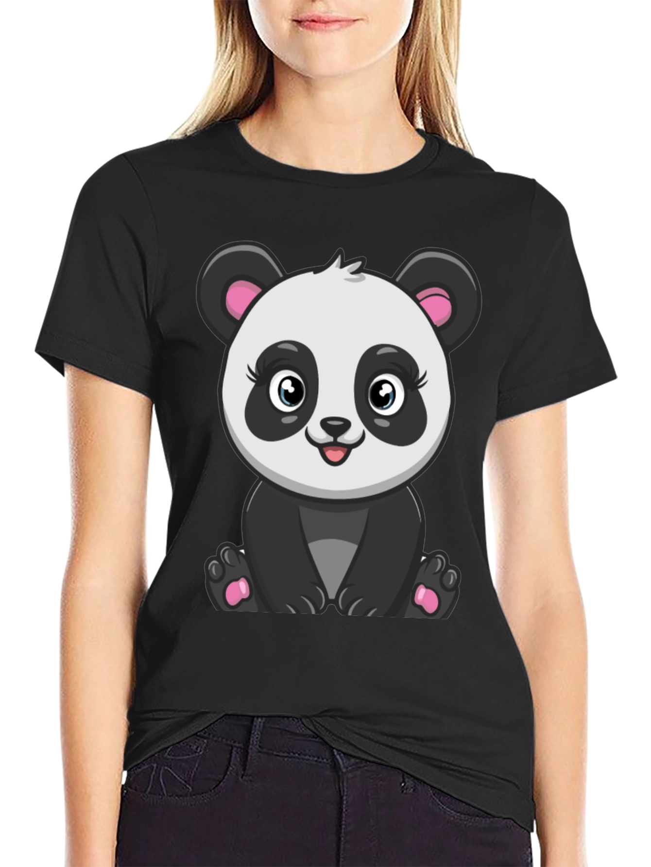 Cute Panda Graphic Tee - Black Cotton T-Shirt