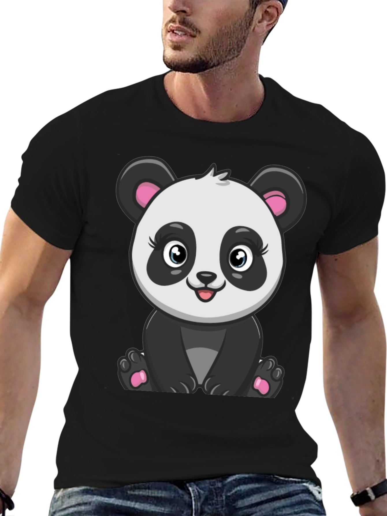 Cute Panda Graphic Tee - Black Cotton T-Shirt