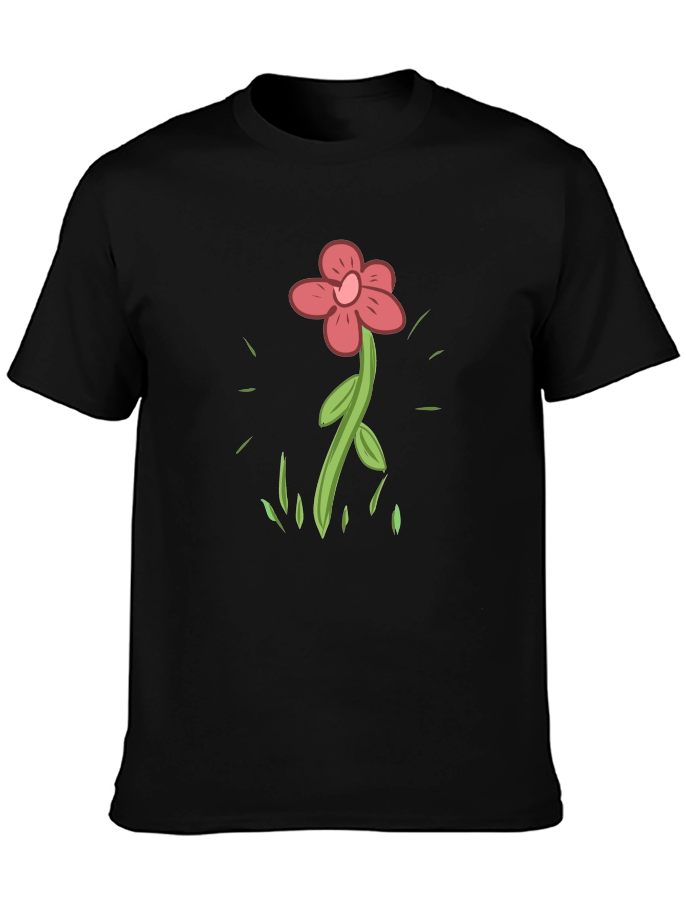 Cartoon Flower Graphic Tee - Casual Black T-Shirt