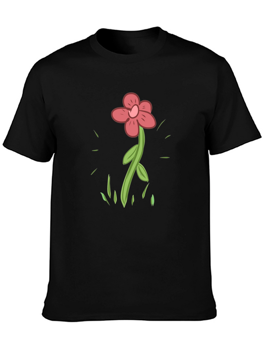 Cartoon Flower Graphic Tee - Casual Black T-Shirt