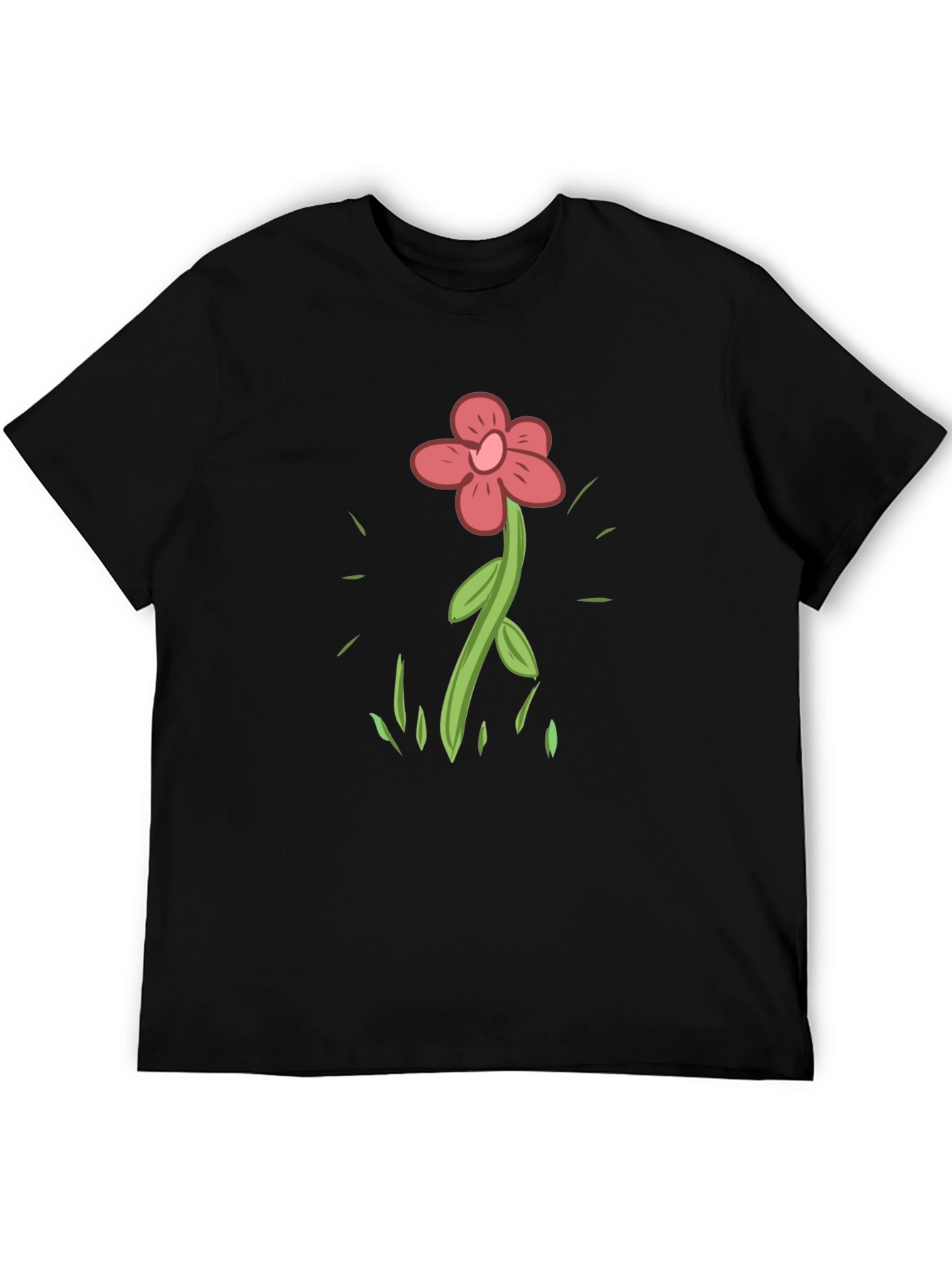 Cartoon Flower Graphic Tee - Casual Black T-Shirt