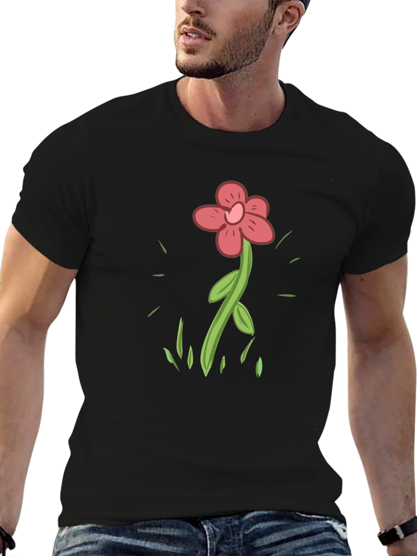 Cartoon Flower Graphic Tee - Casual Black T-Shirt