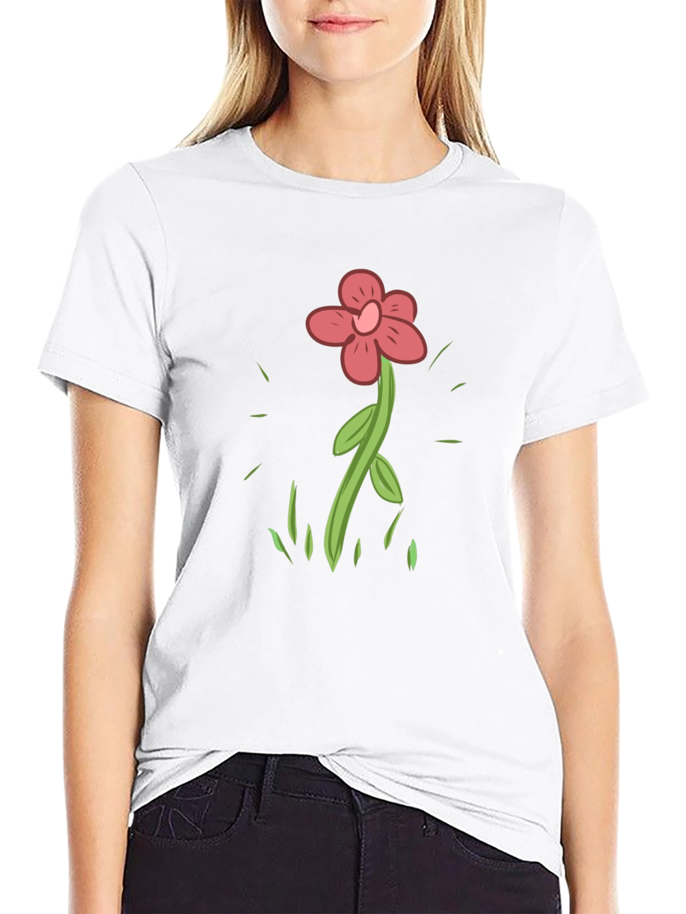 Cartoon Flower Graphic Tee - Casual Black T-Shirt