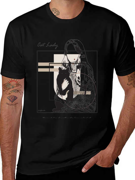 Graphic Tee: Woman & Cat Sketch Black T-Shirt