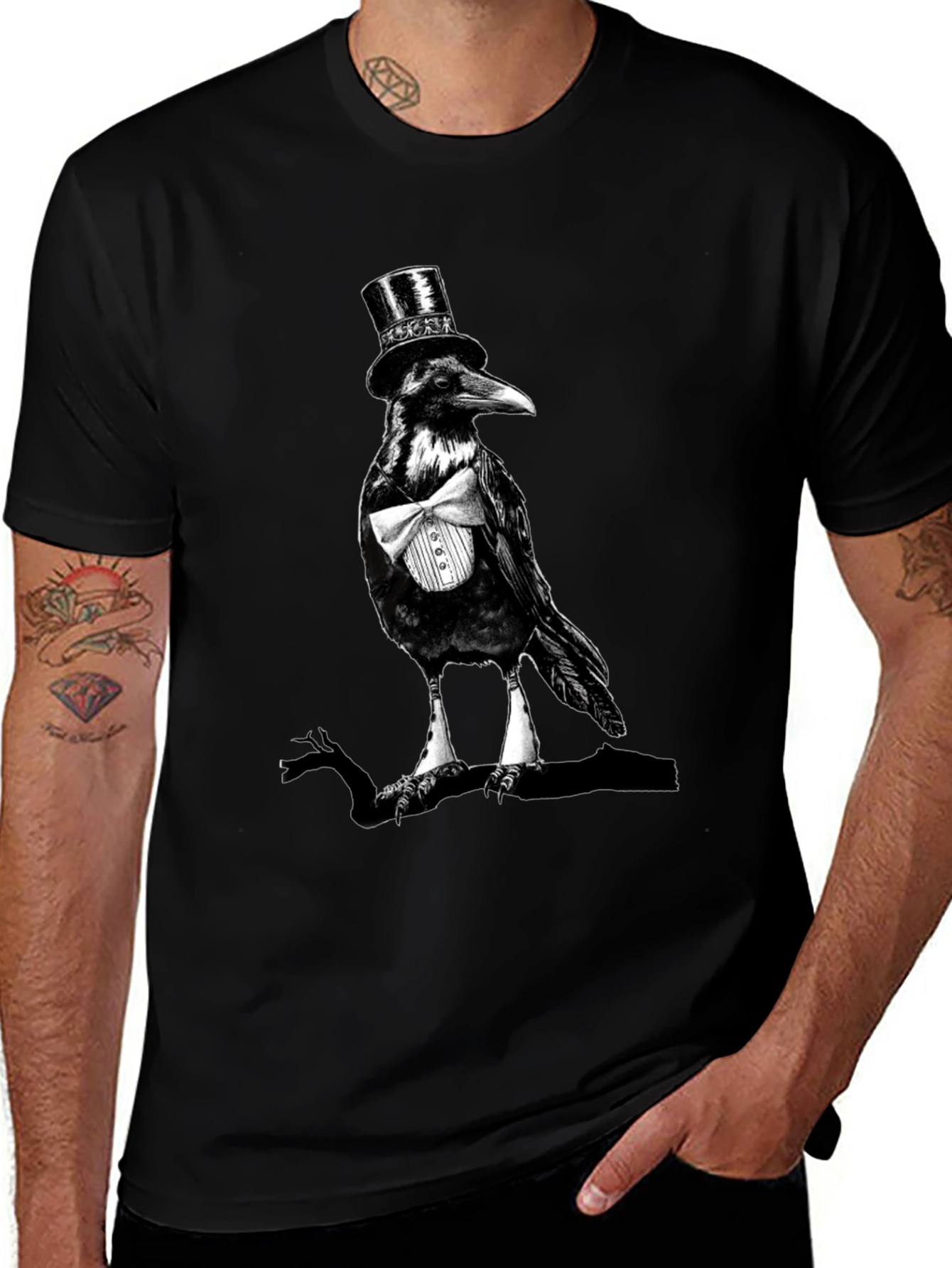 Raven Top Hat Bowtie T-Shirt Mens Black Tee