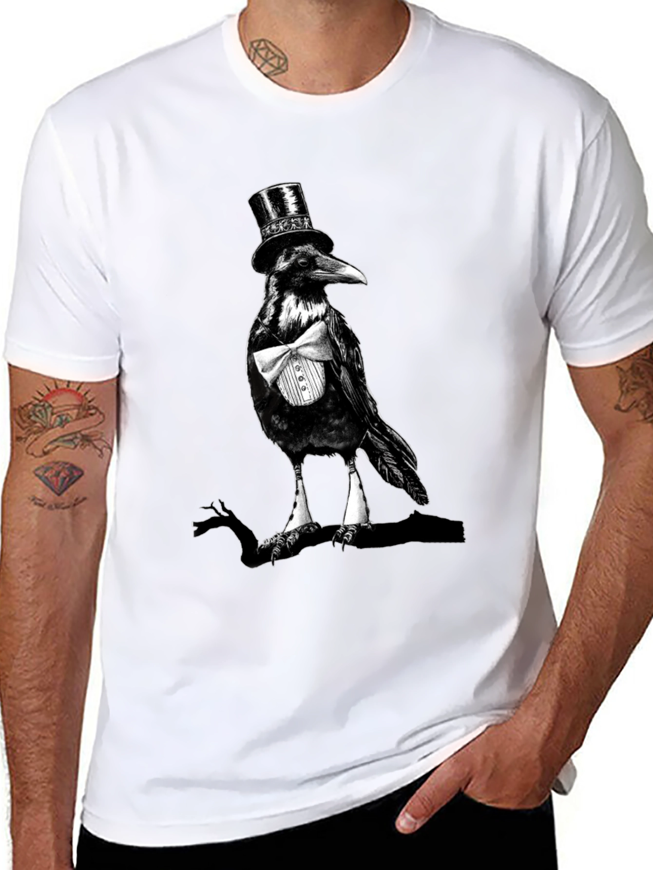 Raven Top Hat Bowtie T-Shirt Mens Black Tee