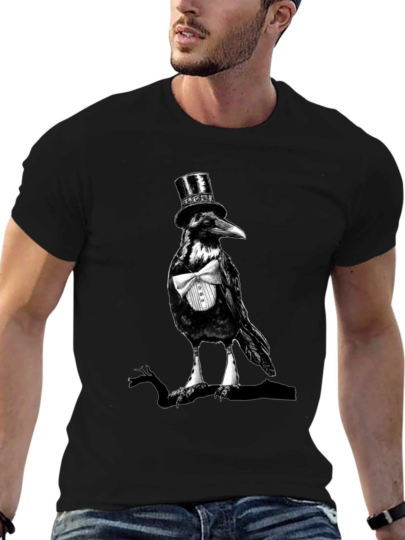 Raven Top Hat Bowtie T-Shirt Mens Black Tee