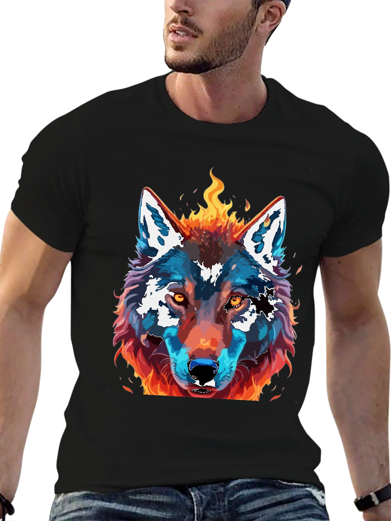 Fiery Wolf Graphic Print T-Shirt