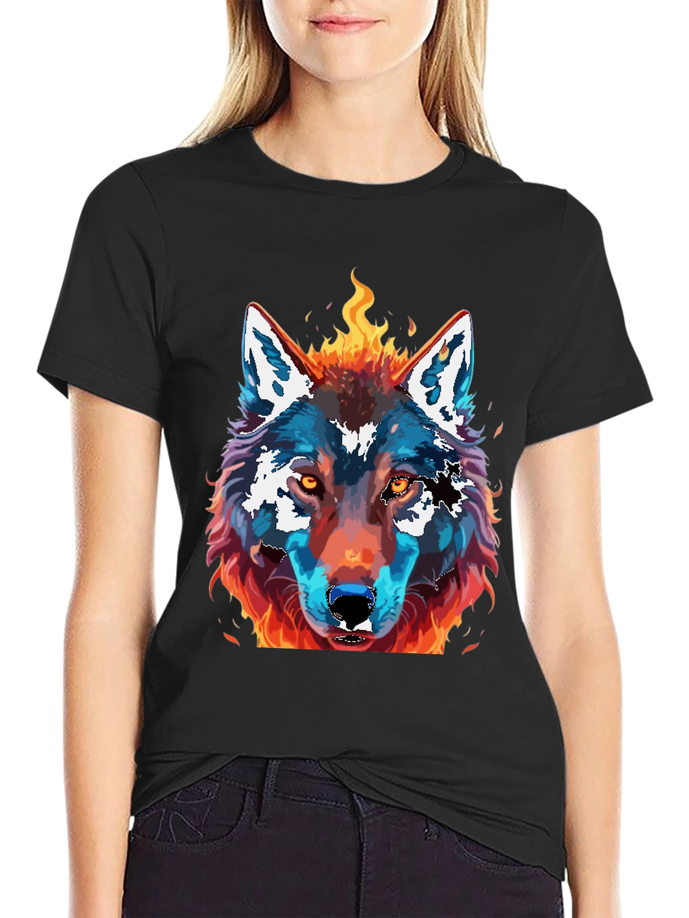 Fiery Wolf Graphic Print T-Shirt