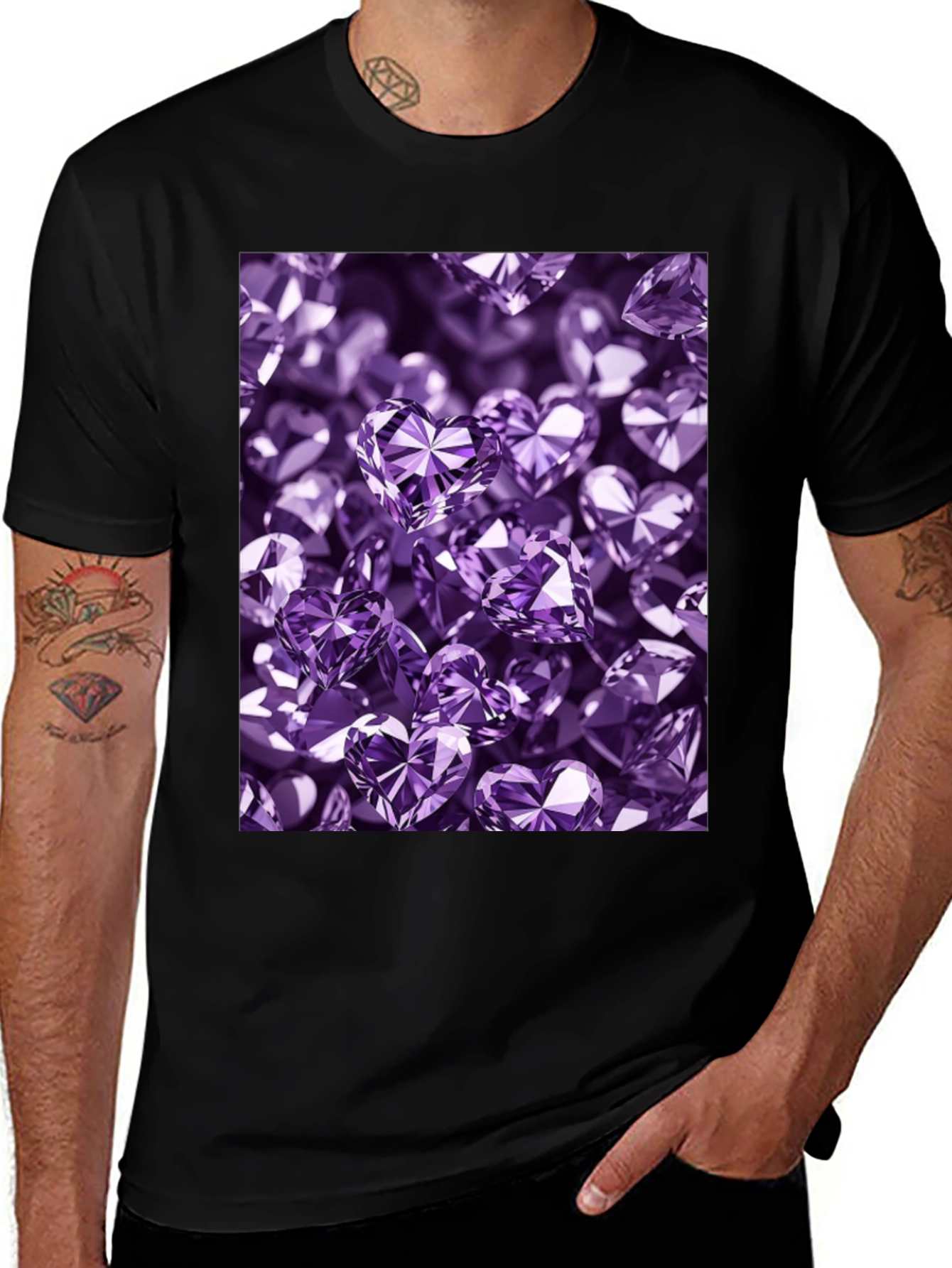 Stylish Black T-Shirt with Purple Heart Diamonds