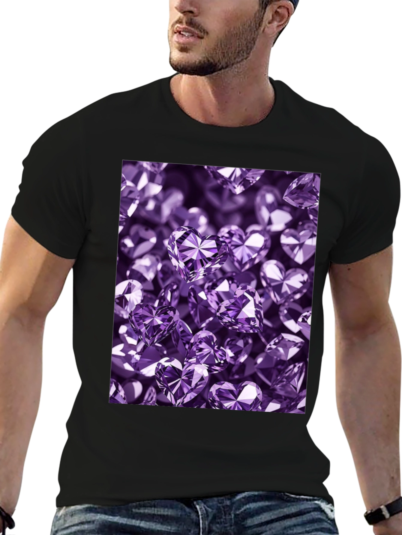 Stylish Black T-Shirt with Purple Heart Diamonds