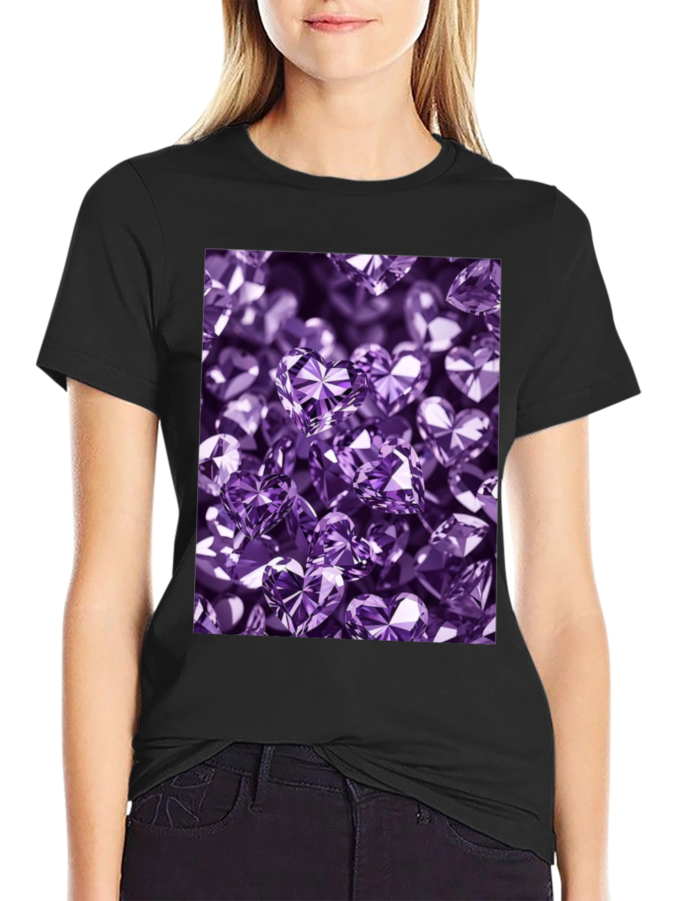 Stylish Black T-Shirt with Purple Heart Diamonds