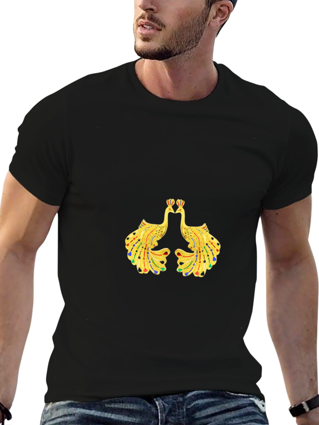 Mens Black Tee with Peacock Design