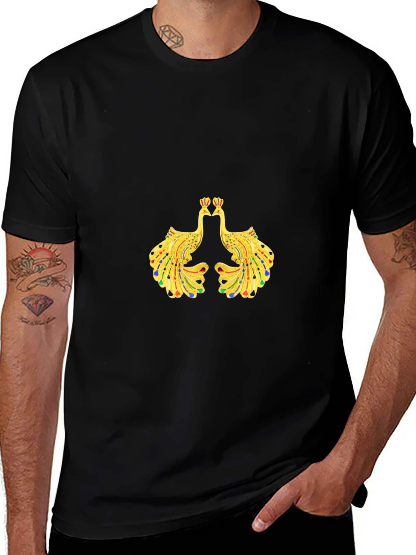 Mens Black Tee with Peacock Design