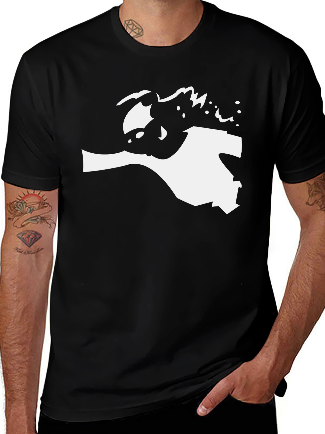 Black Graphic Tee - White Abstract Silhouette Design