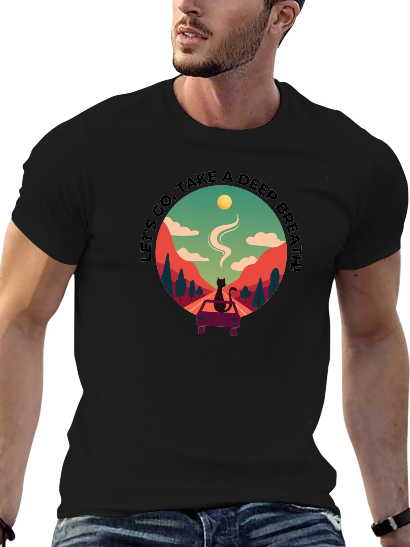 Relaxed Black Tee with Scenic Cat Design