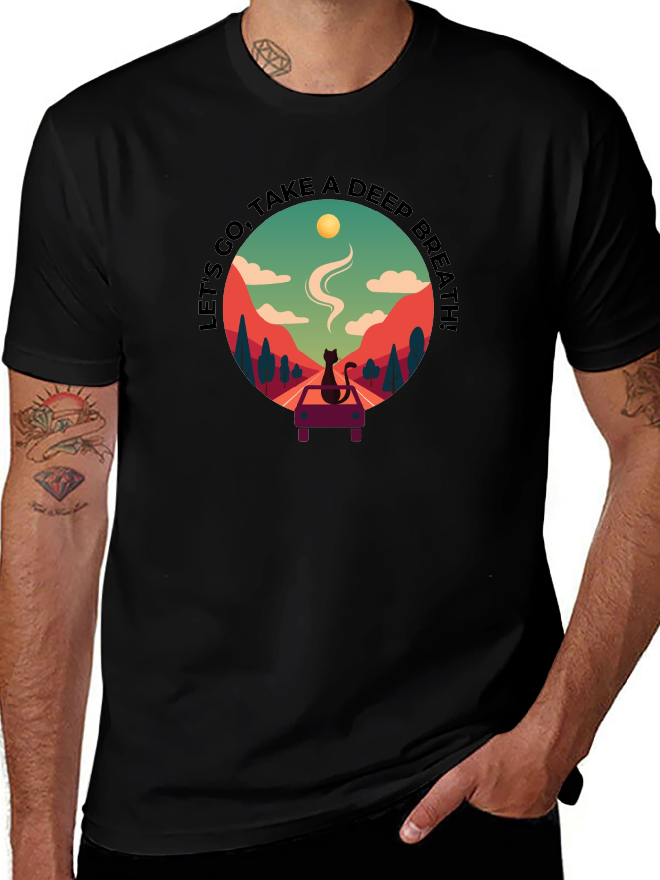 Relaxed Black Tee with Scenic Cat Design