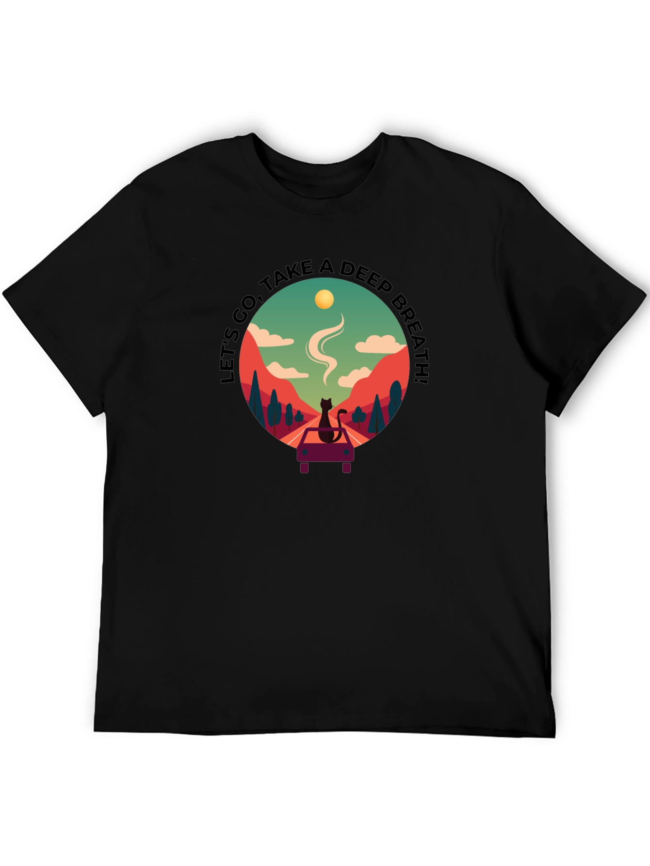 Relaxed Black Tee with Scenic Cat Design