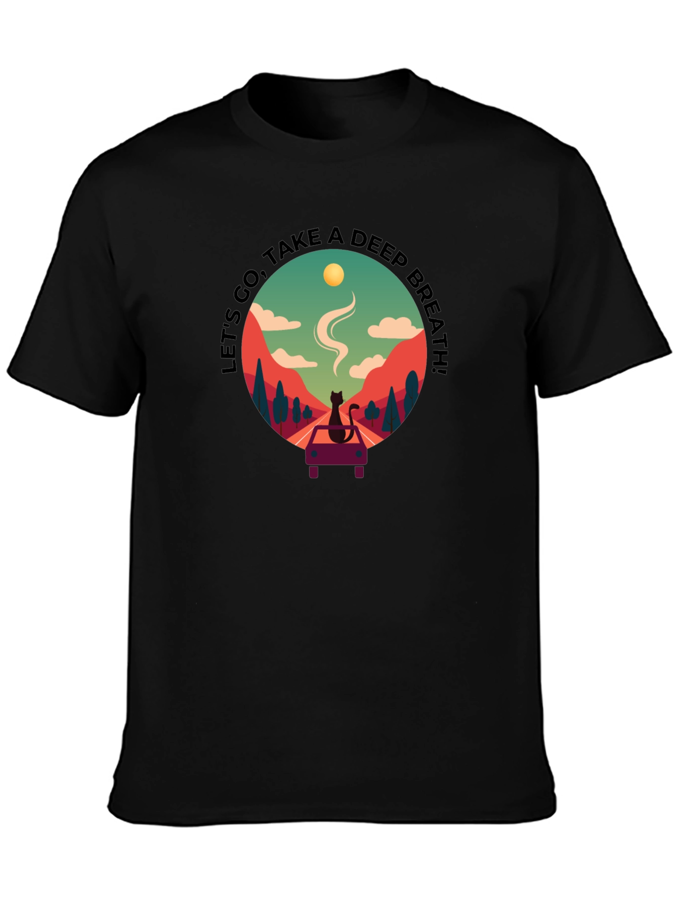 Relaxed Black Tee with Scenic Cat Design