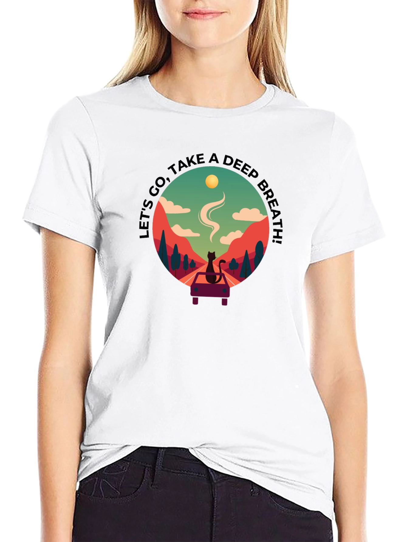 Relaxed Black Tee with Scenic Cat Design