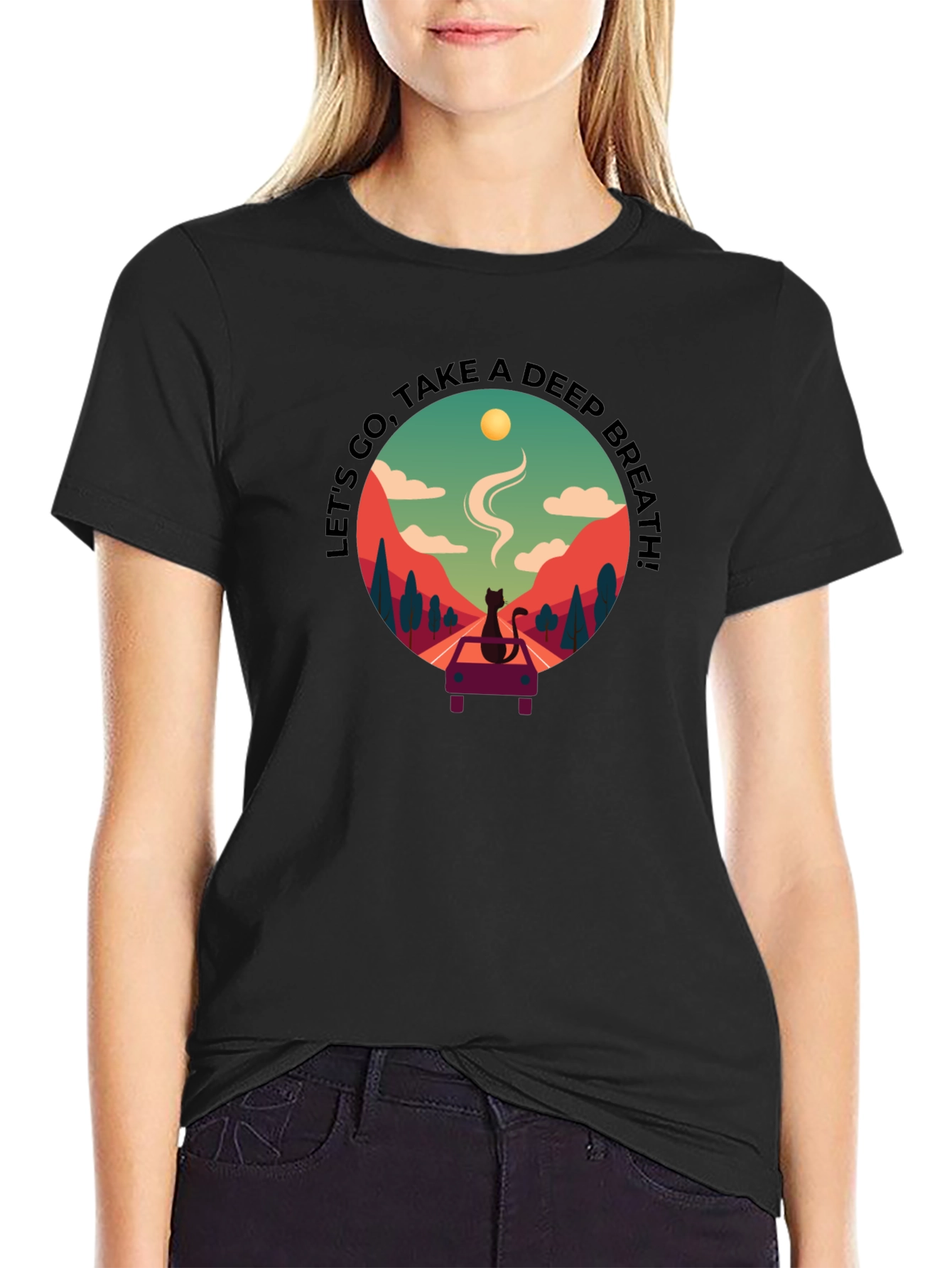 Relaxed Black Tee with Scenic Cat Design