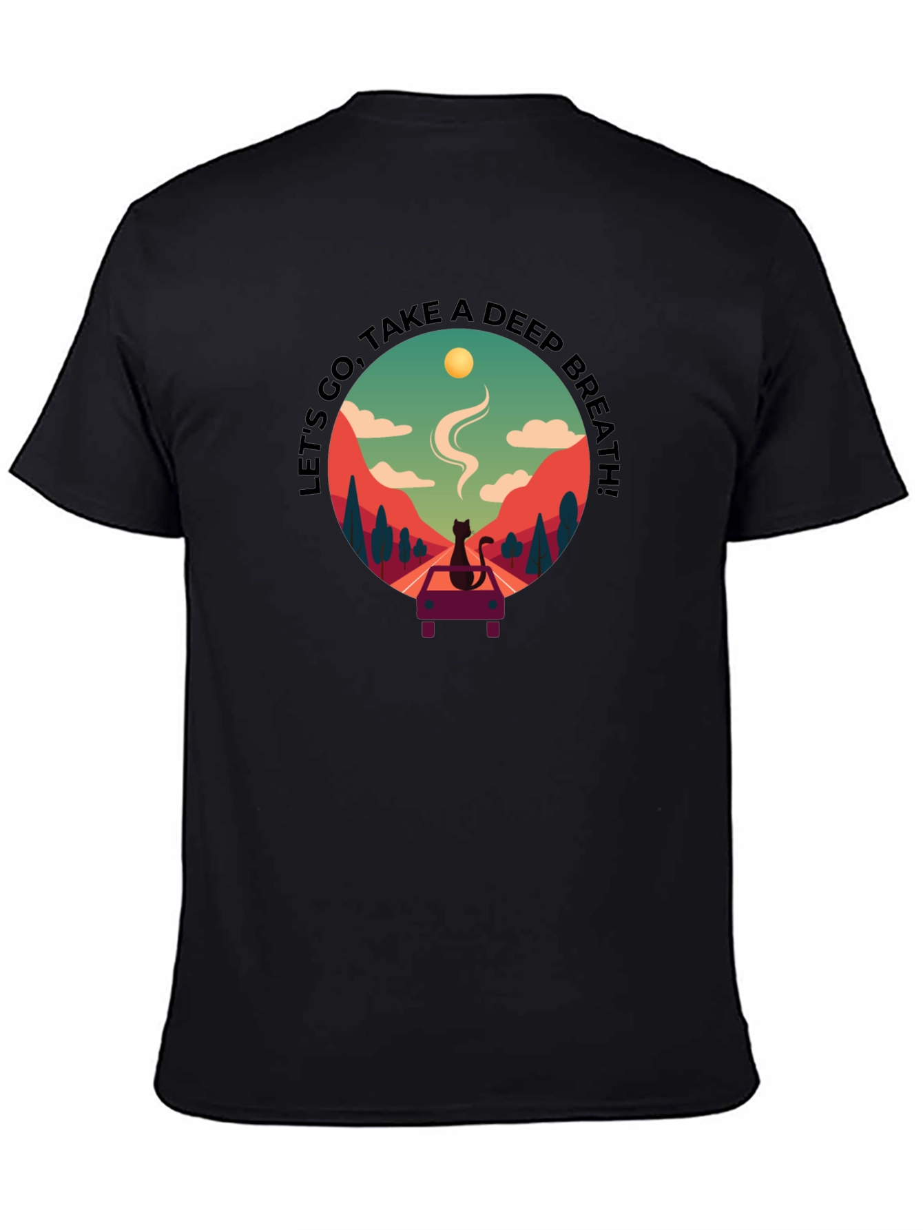 Relaxed Black Tee with Scenic Cat Design
