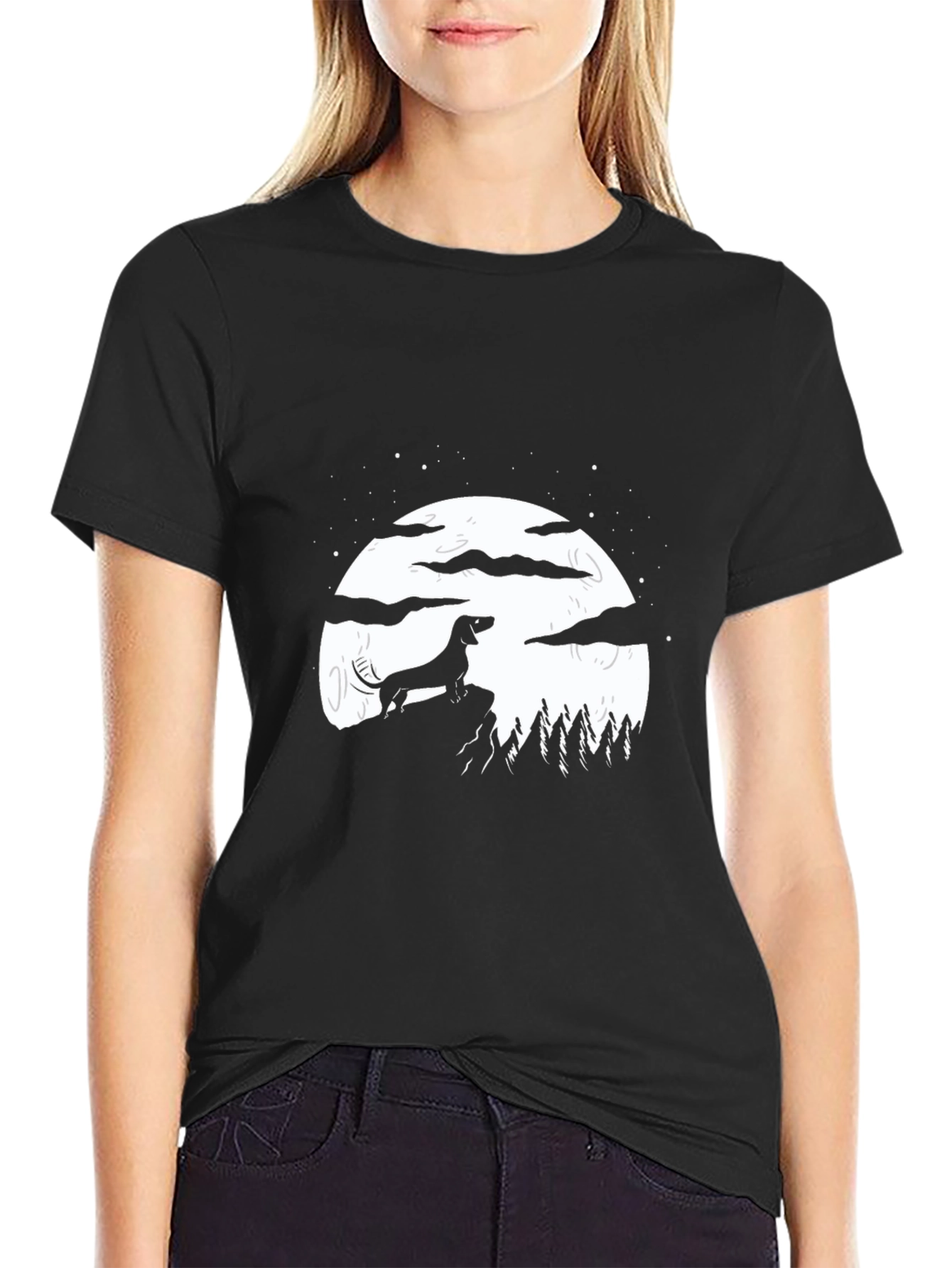 Dachshund Moon Graphic Tee - Black Cotton Blend