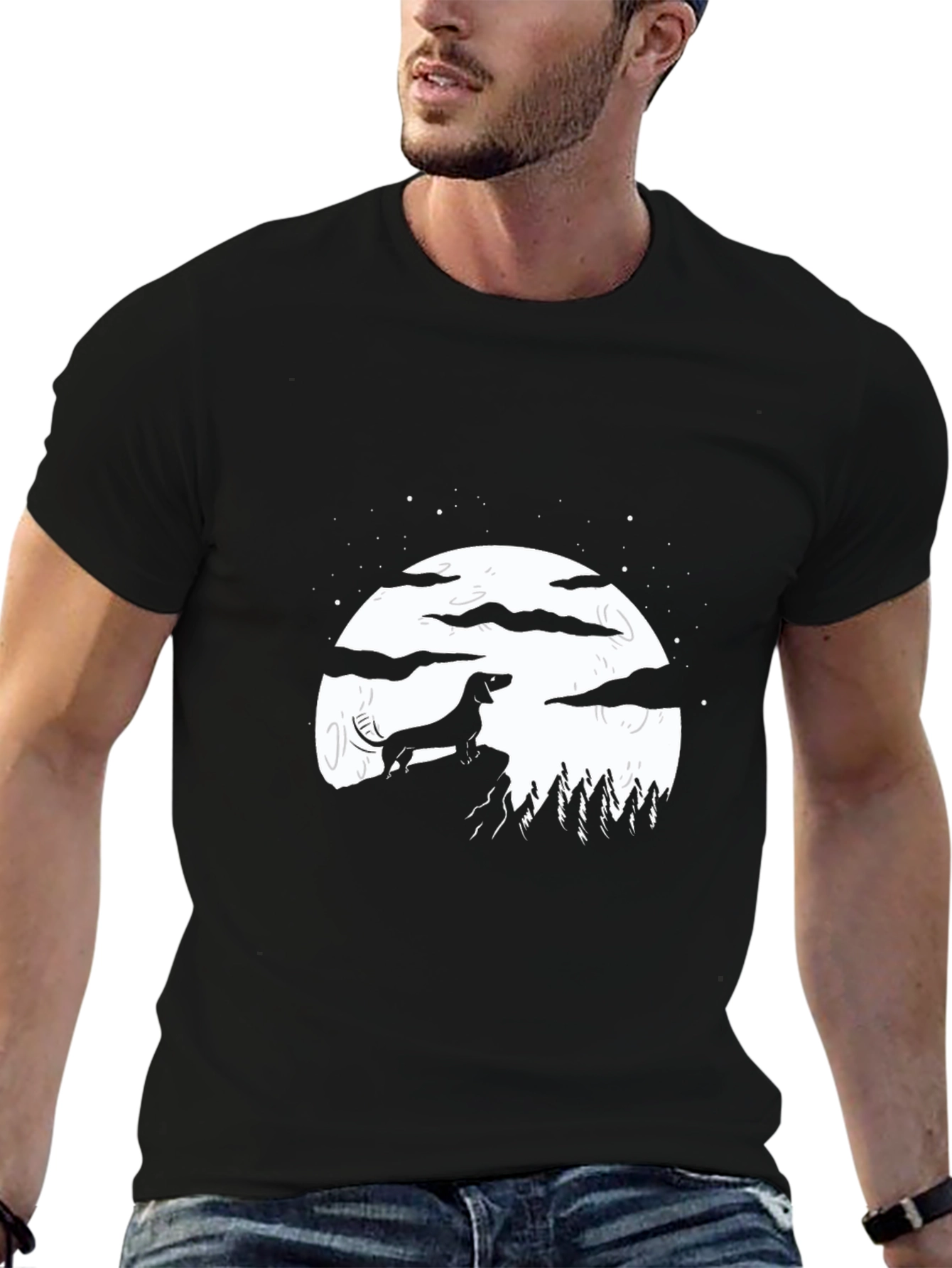 Dachshund Moon Graphic Tee - Black Cotton Blend