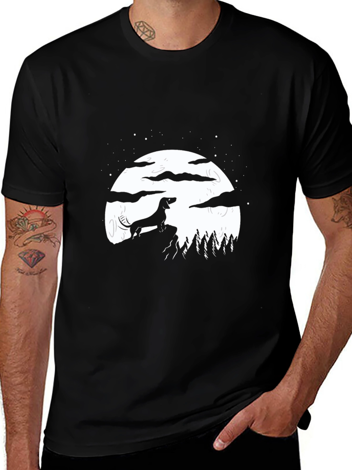 Dachshund Moon Graphic Tee - Black Cotton Blend