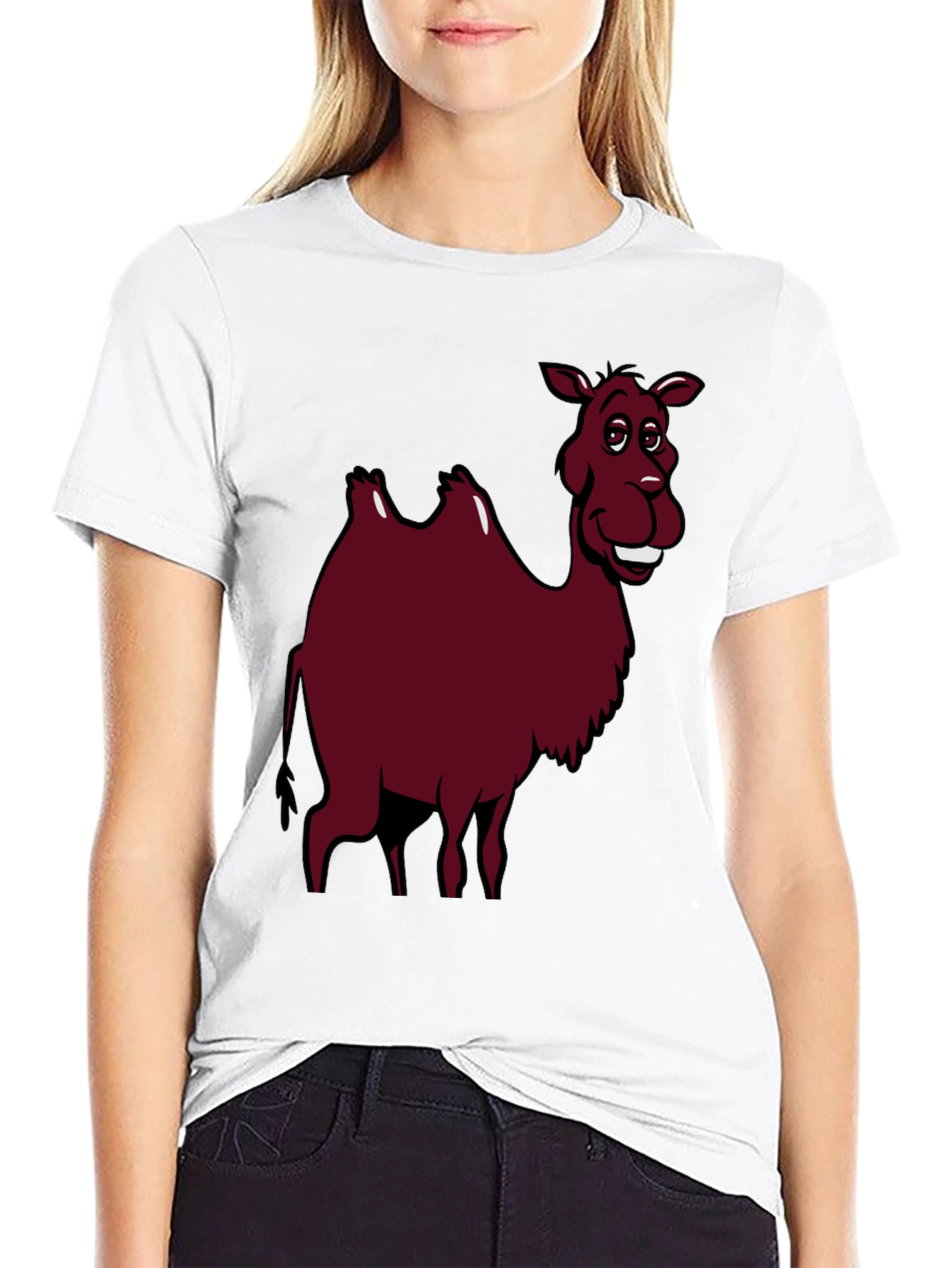 Cartoon Camel Graphic Tee - Black Cotton T-Shirt