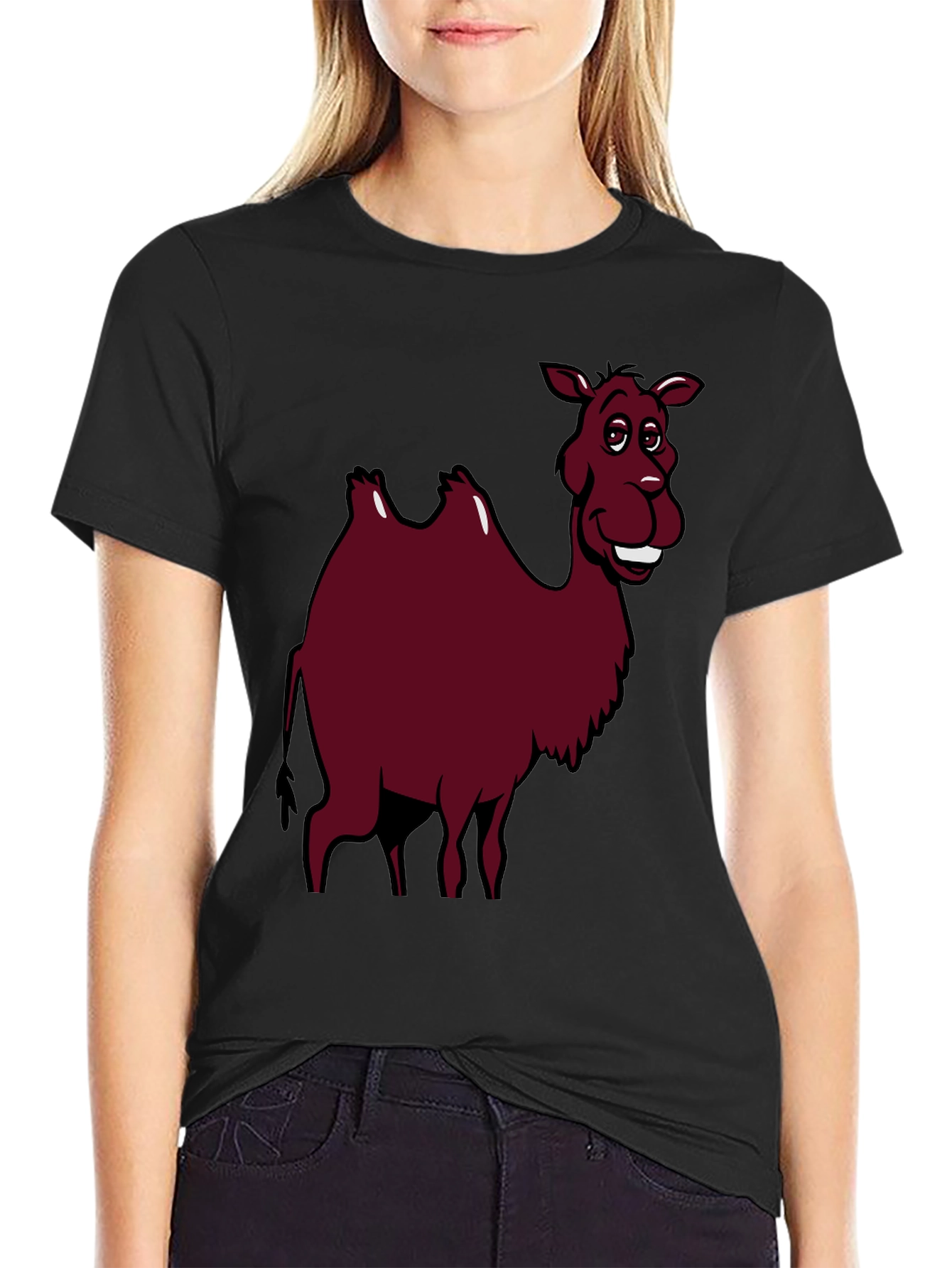 Cartoon Camel Graphic Tee - Black Cotton T-Shirt