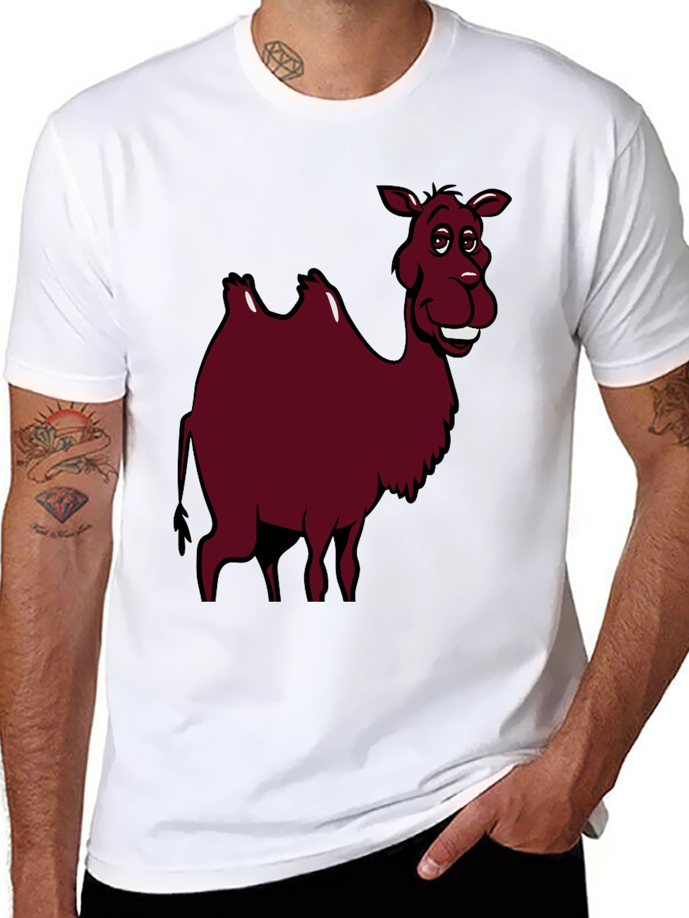 Cartoon Camel Graphic Tee - Black Cotton T-Shirt
